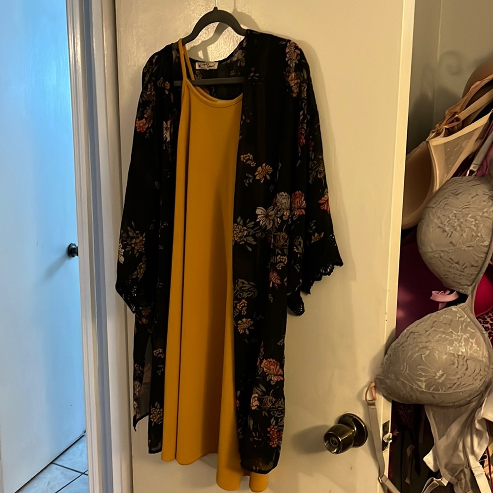 Well Flower large mustard spaghetti strap dress with multicolored black cover